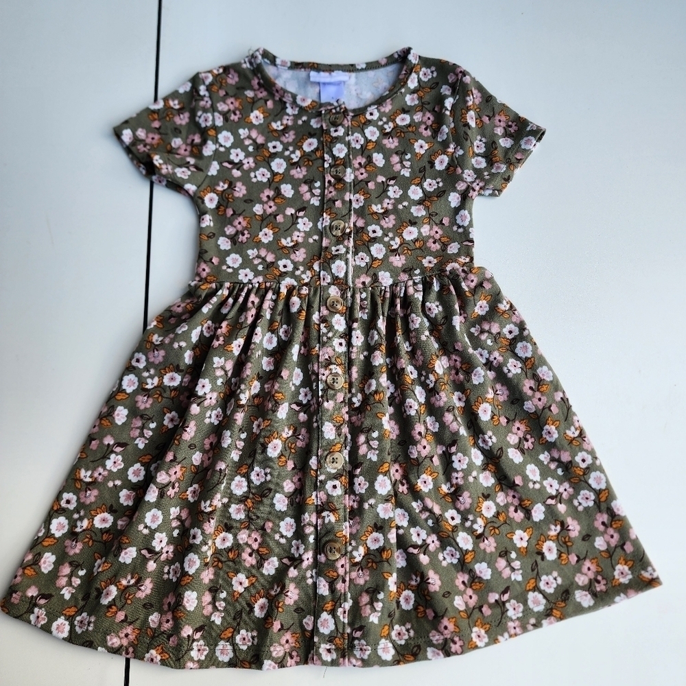 Little Lass Green and Pink Casual Dress with Short Sleeves and Crew Neck